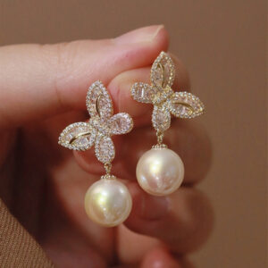 Butterfly Inlaid Zircon Imitation Pearl Earrings
