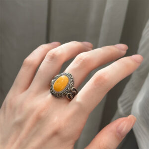 S925 silver egg-shaped beeswax inlaid pattern ring