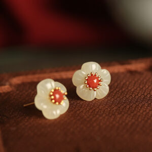 Natural Hetian Jade South Red Agate Sterling Silver Plum Blossom Earrings