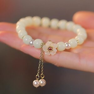 925 Sterling Silver Flower Hetian Jade Bracelet for Women